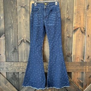Lucky & Blessed Flare Jeans 4 Rhinestones Frayed Bell Bottoms Western Boho L&B